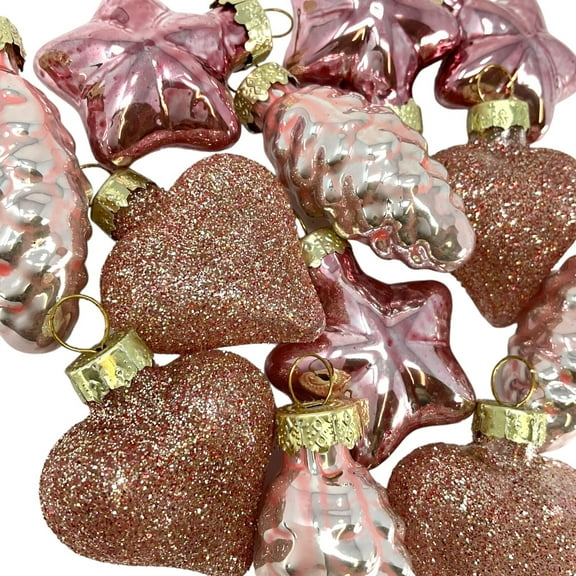 1.5 Inch Heart, Pinecone & Star Pink Glass Christmas Ornaments 12 Piece Set