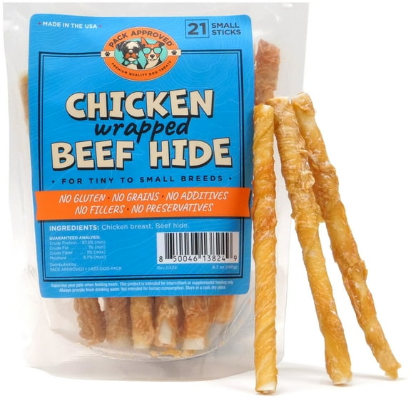 Pack Approved Chicken Wrapped Rawhide Dog Beef Sticks - Long Lasting Dog Chews for Aggressive Chewers - Chicken Wrapped Dog Treats for Small Dogs - Beef Sticks for Dogs Rawhide Chews - S (Pack of 21)