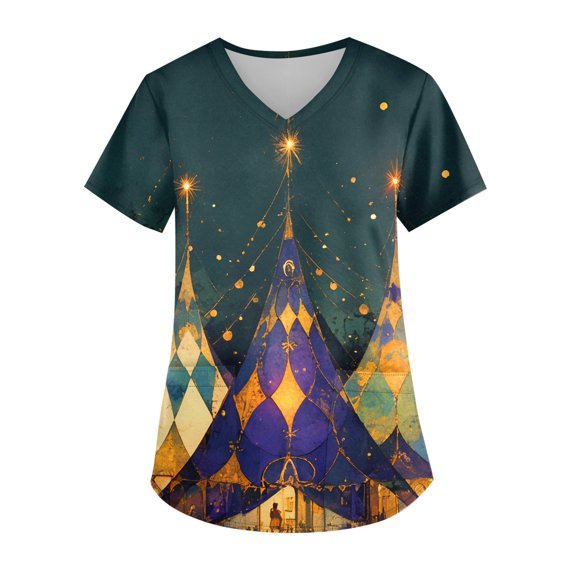 Mardi Gras Scrub Tops Women Funny Mask Feather Graphic Short Sleeve V-Neck Scrub Shirts Mardi Gras Scrubs Tops Working Nurse Uniforms with Pockets