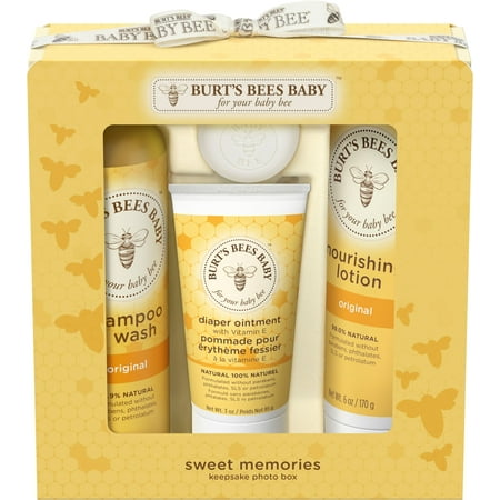 Burt's Bees Baby Sweet Memories Gift Set With Keepsake Photo Box, 4 Baby Products - Shampoo & Wash, Lotion, Diaper Rash Ointment And