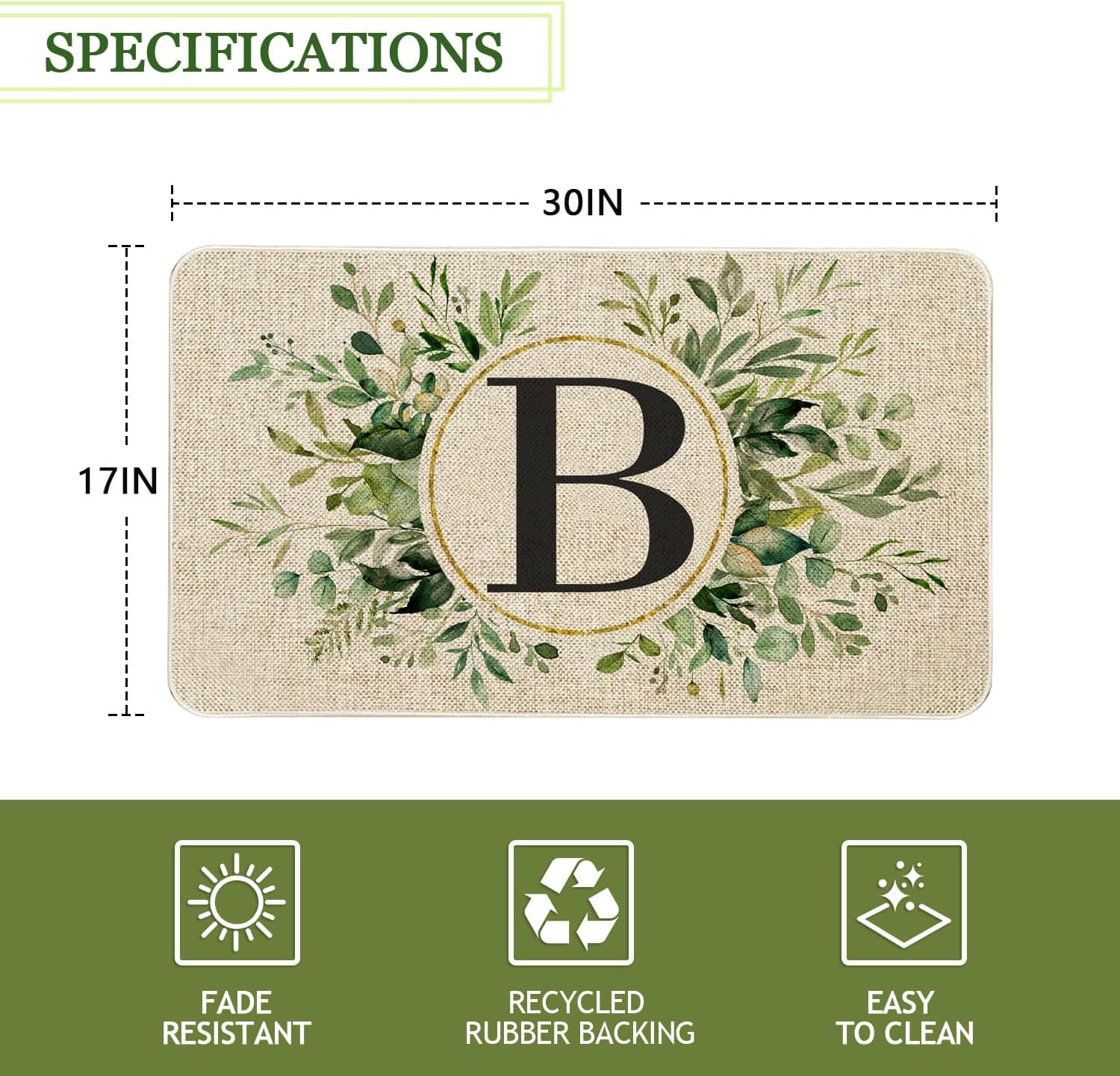Spring Eucalyptus Leaves Monogram Letter B Door Mat 30 X 17 Inch Family Last Name Initial Welcome Doormat Indoor Outdoor Entrance Floor Rug Non Slip Spring Summer Decor Rubber Mats