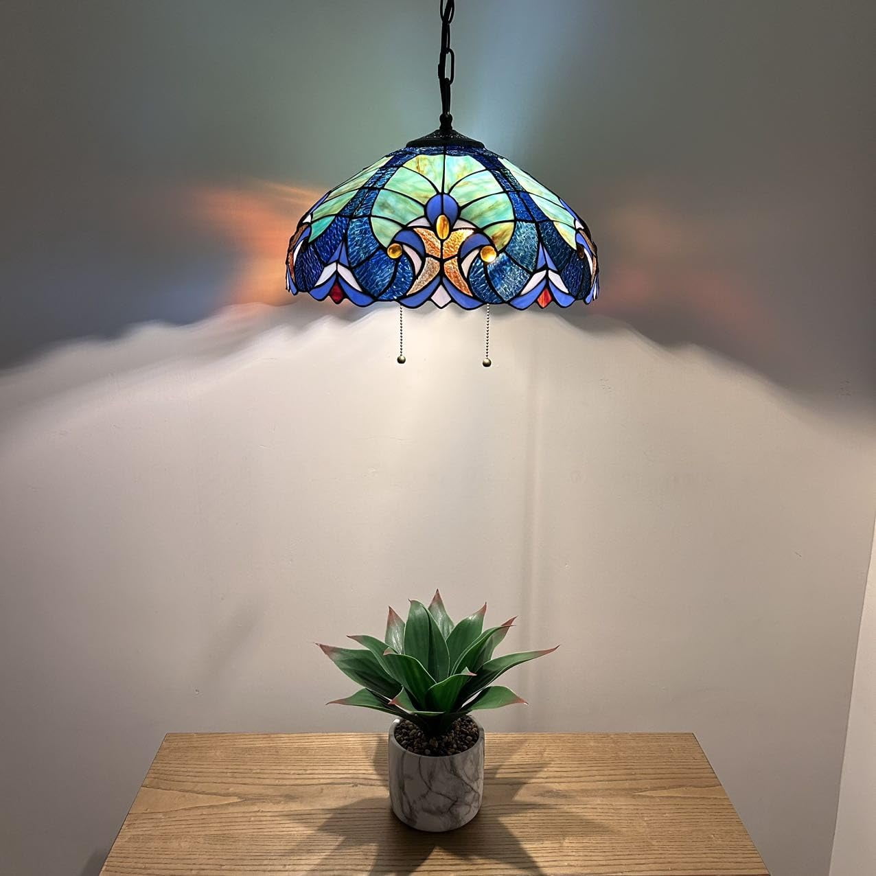 Stained Glass Pendant Lights Fixture Green Blue LED Bulb Included for Dining Room Hotel Restaurant Cafe 16"W*16"D*75"H