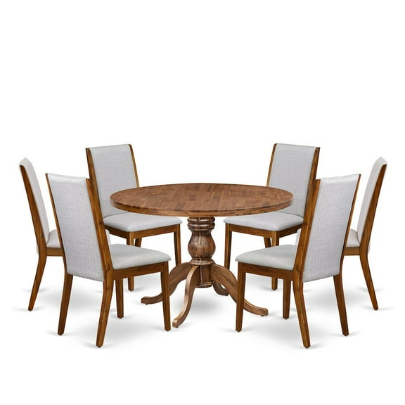 Luxe by East West Furniture 7-Pc Kitchen Set Of A Pedestal Round Table, 6 Grey Linen Fabric Chairs