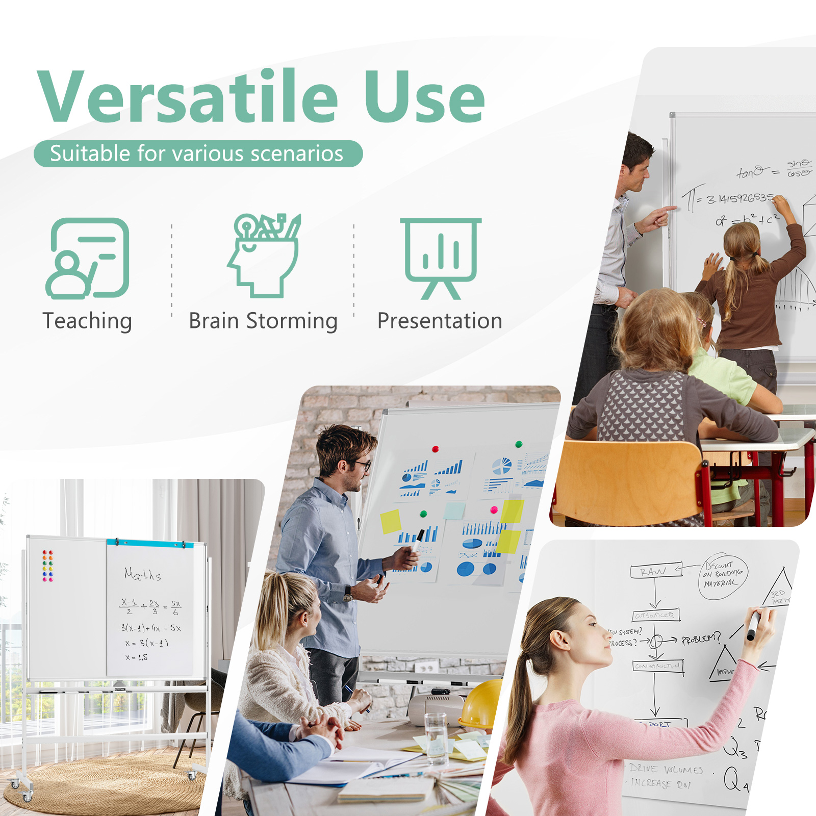 Topbuy Rolling Whiteboard with Stand 48" x 36" Double-Sided Magnetic Dry Erase Board with Flipchart