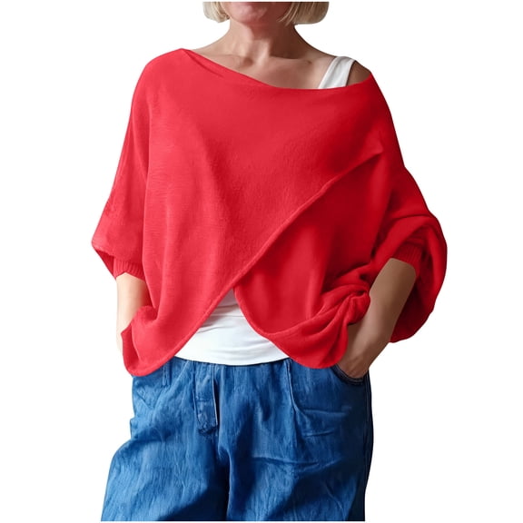 DAFPZW Women's Asymmetric Wrap Front Long Sleeve Knit Top Fall Winter Casual Loose Fit Pullover Sweater Blouse