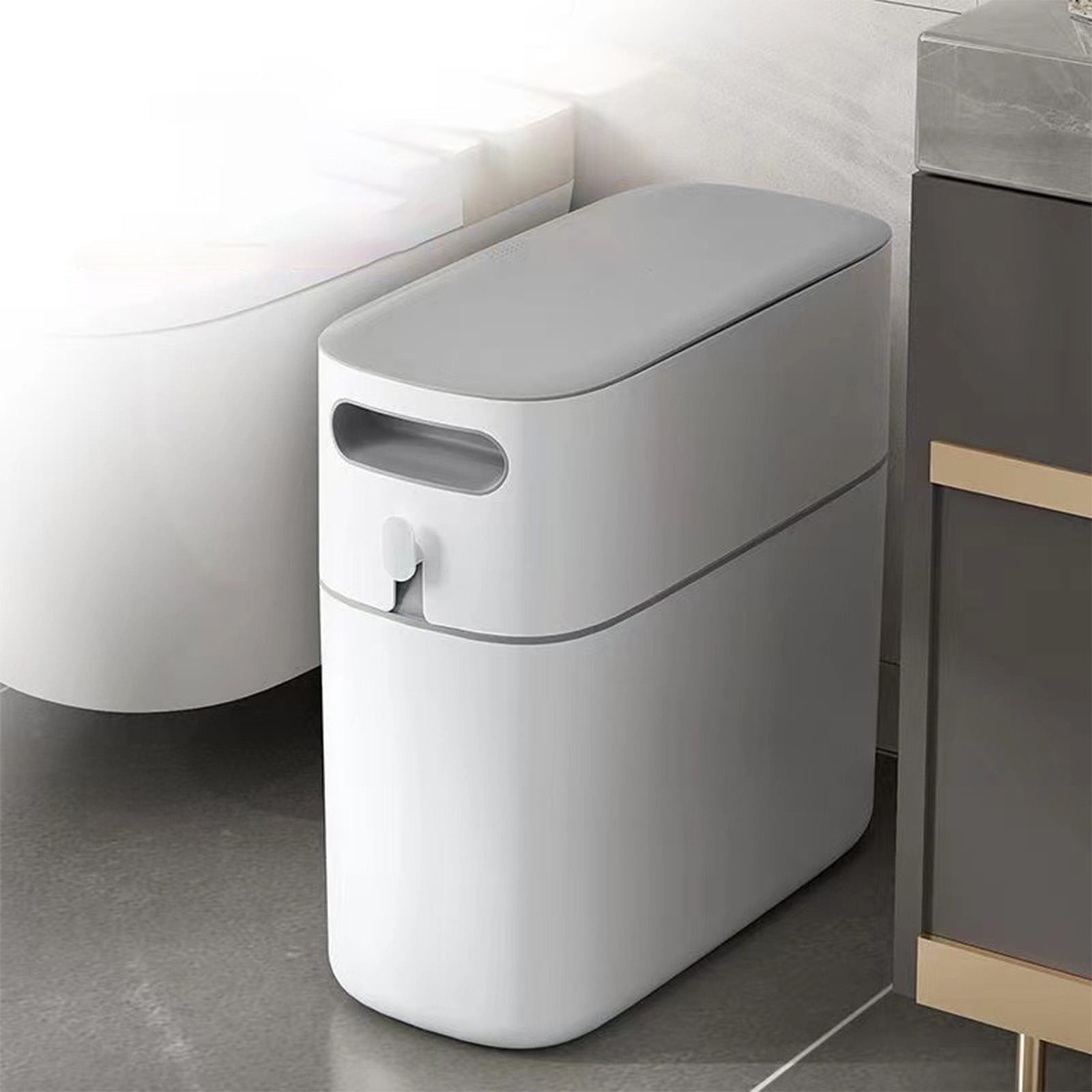 Bathroom Trash Can 8L, Gray Semi Automatic with 1 Roll Garbage Bag, Non Contact Large Capacity Thickened Wastebasket for Living Room