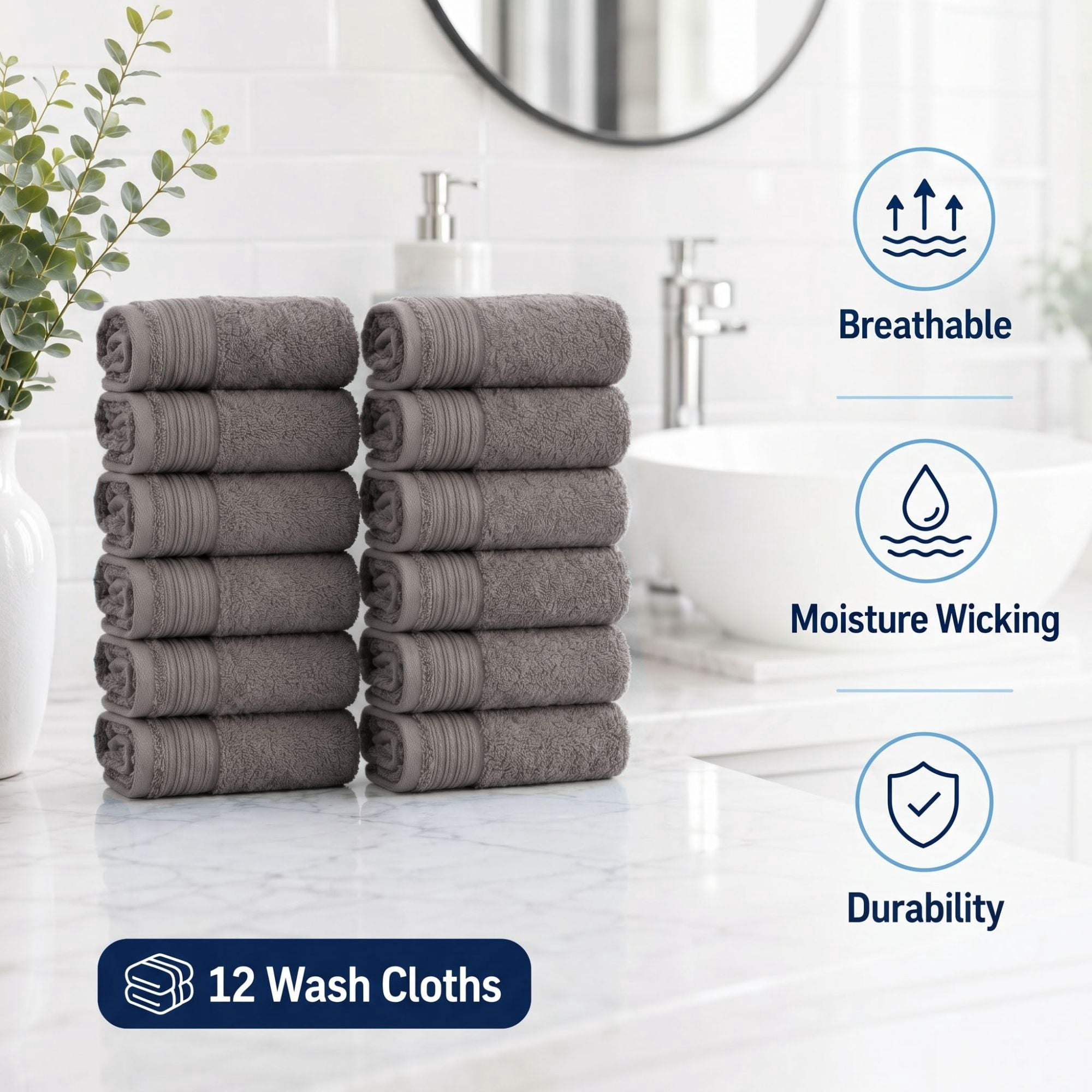 Superior Solid Jacquard Cotton Face Towel Set, 12-Pack, Ivory - Charcoal