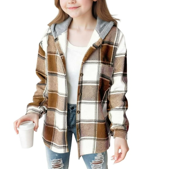 Taqqpue Kids Boys Girls Button Down Shirts Long Sleeve Lightweight Fleece Plaid Hooded Flannel Shirt Cute Hoodies Tops for Kids 4-15 Years
