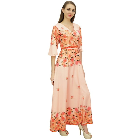 Bimba Women's Casual Floral Digital Printed Peach Long Moss Georgette Dress-4
