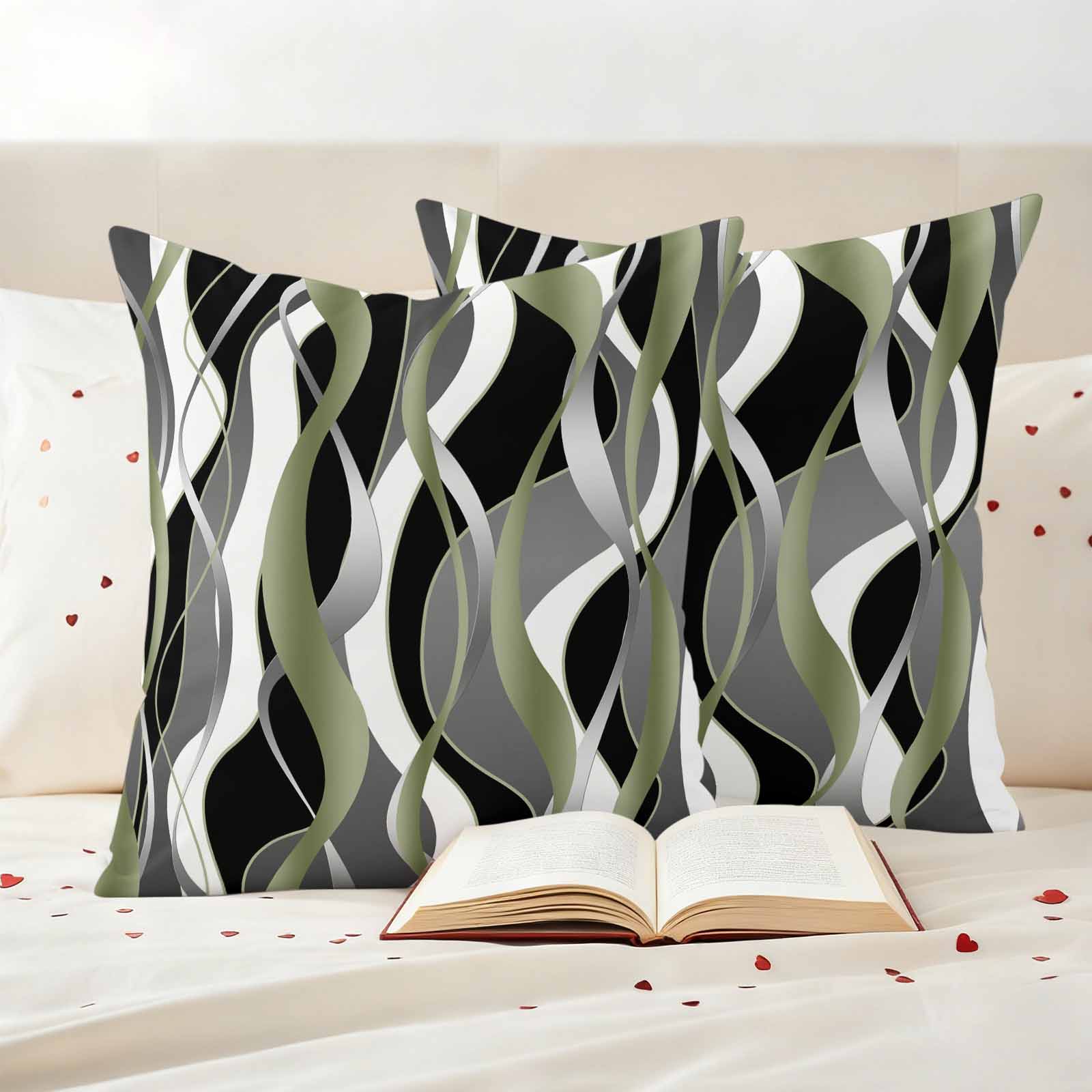 Sage Green Stripe Outdoor Waterproof Pillow Covers, Grey White Geometric Modern Abstract Decorative Square Throw Pillowcase Sofa Cushion Sham for Patio/Couch/Chair, 18"x18" 2 Pack