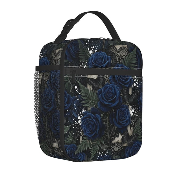 Blue Rose Lunch Box Reusable Thermal Tote Front Pocket Handheld Portable Work Office Picnic Daily Meal Bag
