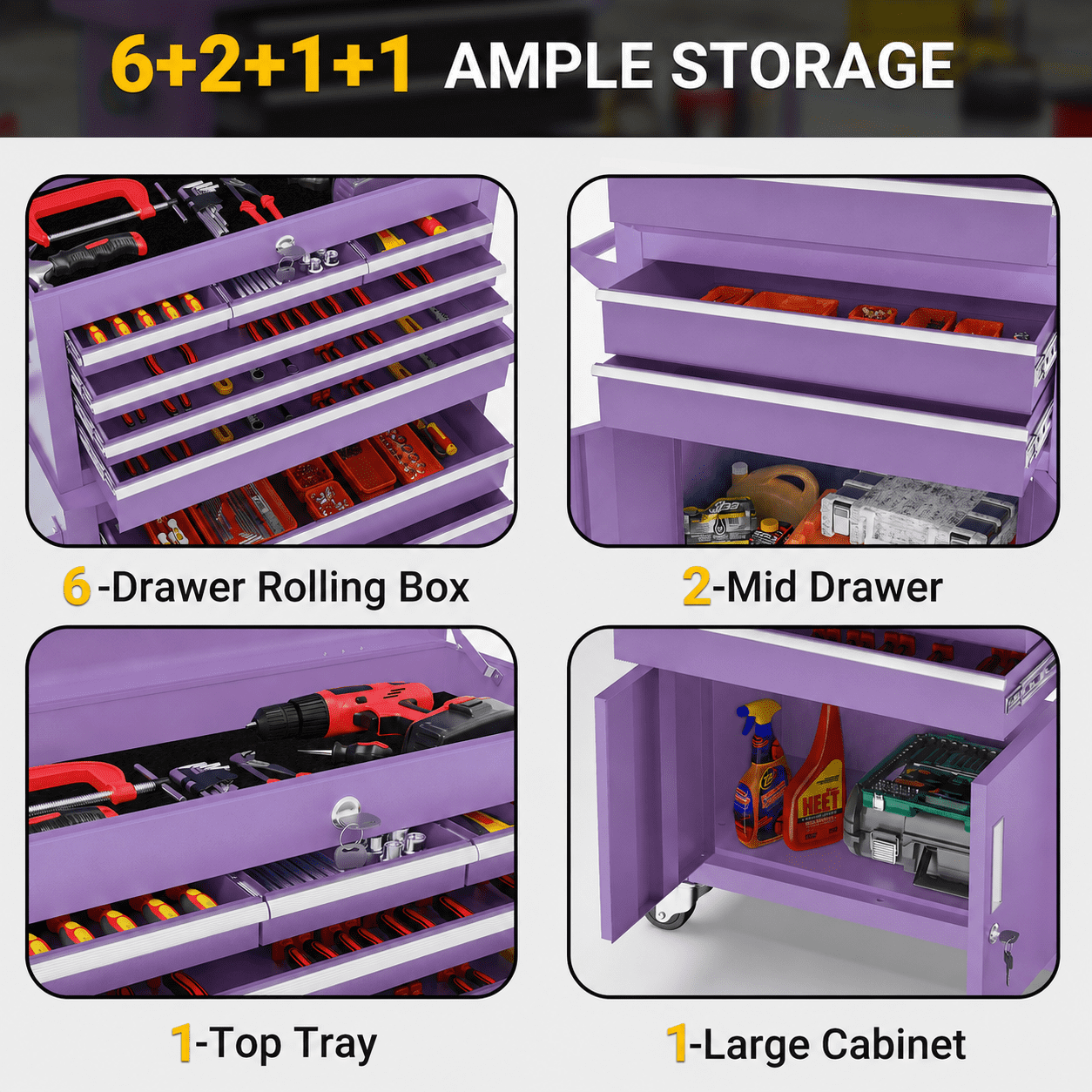 2-IN-1 Rolling Tool Chest, Stainless Steel Tool Organizer Box Hidden Set, Tool Storage On Wheels W/ 8 Sliding Drawers for Workshop Garage Studio Hair-Salon, Purple