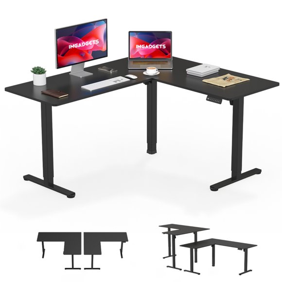 IMGadgets L-Shaped Electric Standing Desk (Black) | 63" x 55" Large Workspace | Flexible Right or Left Configuration | Dual Motor Sit Stand Desk | Ergonomic Height Adjustable Desk 28"-47"