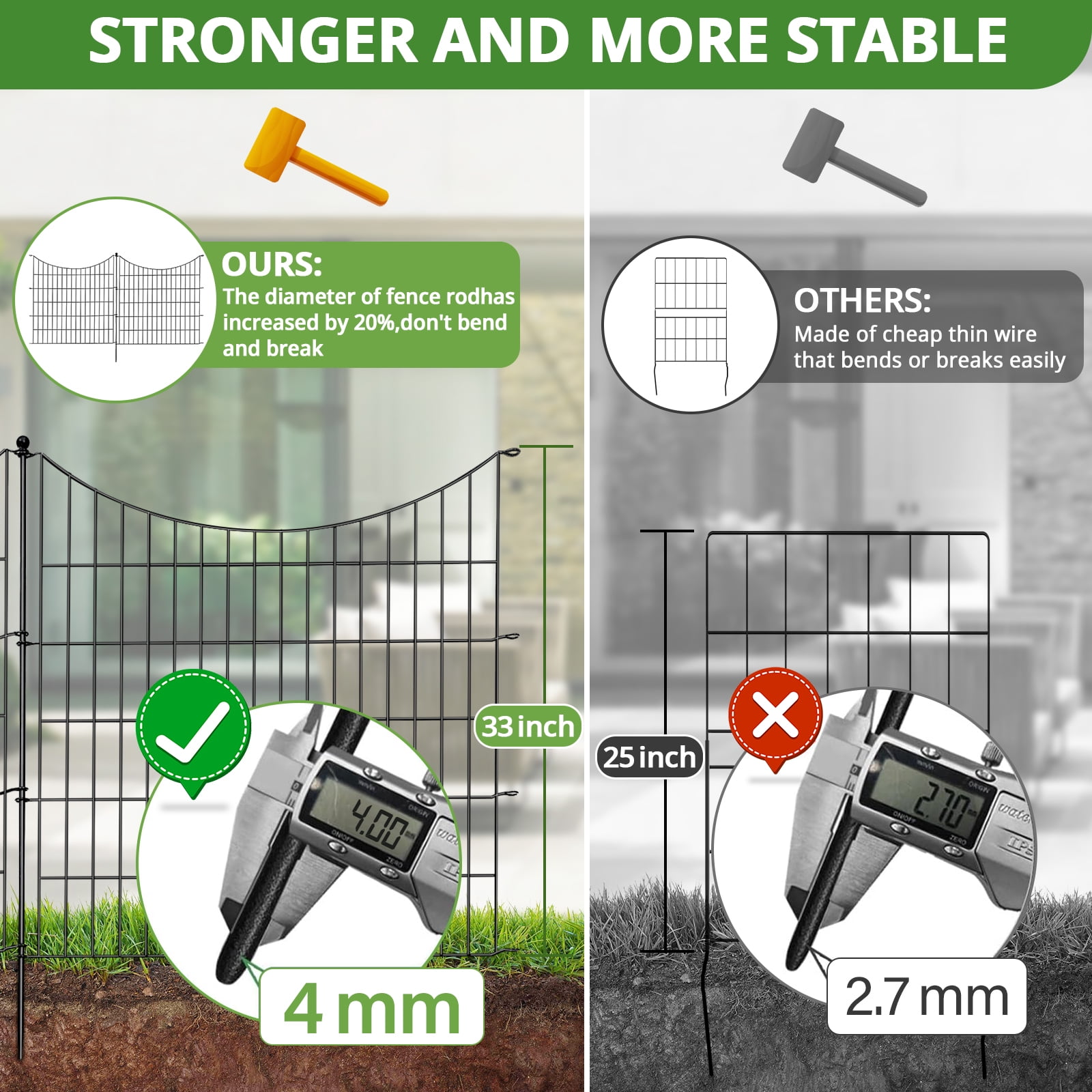 BSHAPPLUS® Garden Fence 10 Pack ,33in (H) x 24ft (L) Metal Fence,Rustproof Decorative Fence,Animal Wire Fence,Wrought Iron Fence, Outdoor Picket Fencing No-Dig for Yard, Lawn and Patio Borders