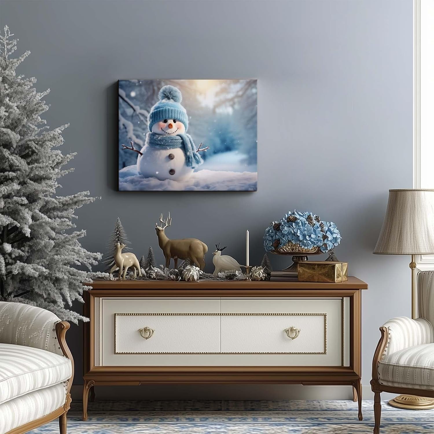 P&L Art Christmas Cute Snowman with Blue Hat and Scarf Print, Canvas, 16x20 in, Multicolor