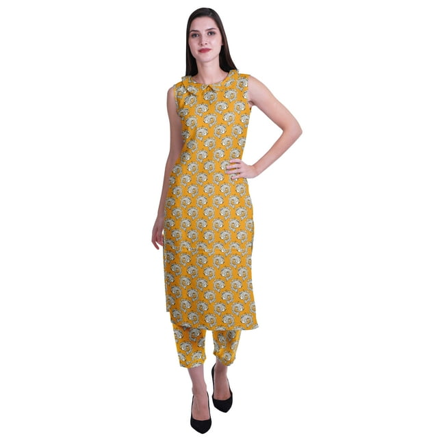 Moomaya Ensemble Kurta et Pantalon Sans Manches Imprimés pour Femmes Peter Pan, Ensemble Ethnique 2 Pcs