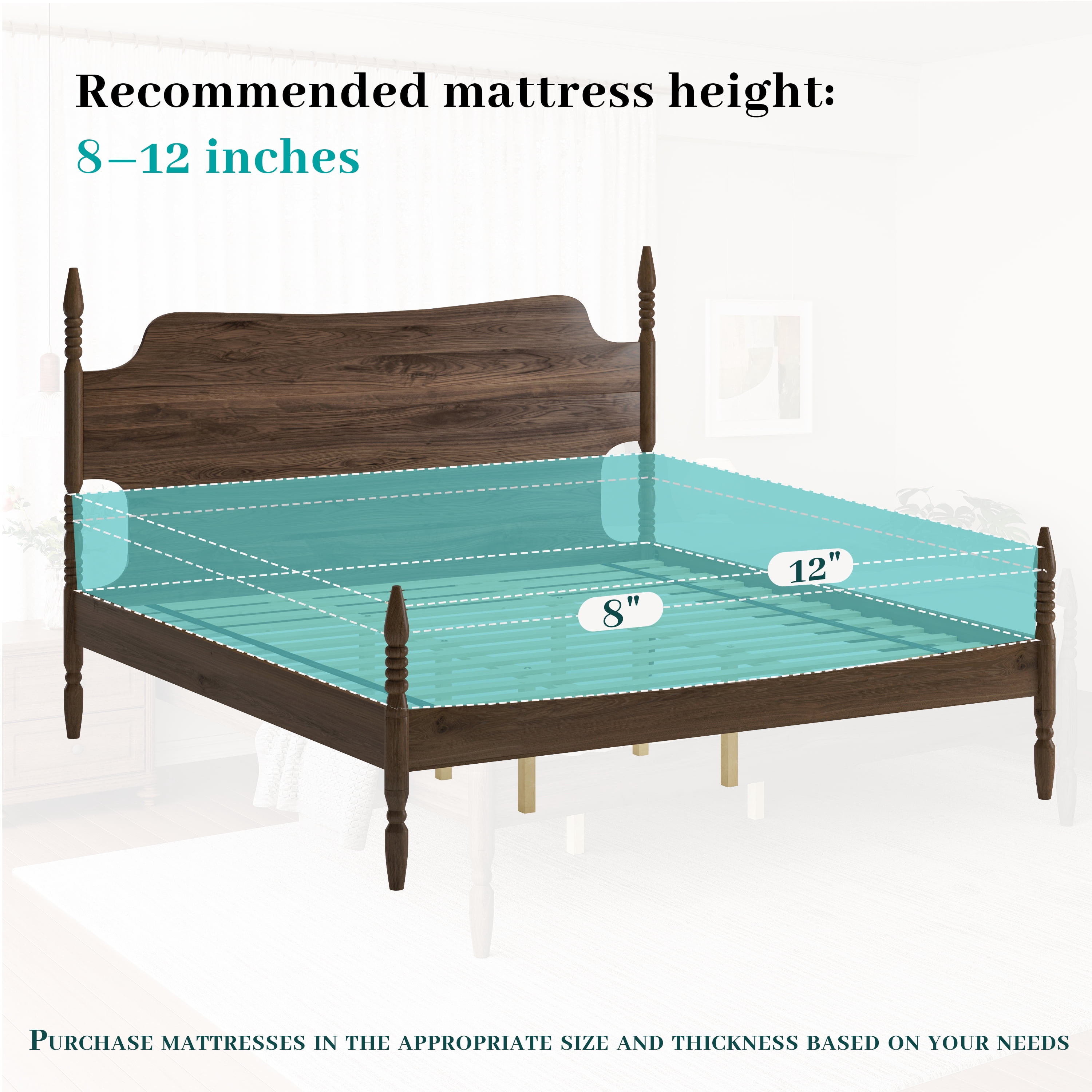 Queen Size Platform Bed Frame,Spindle 4-Poster Bed with Curved Tall Headboard, No Box Spring Needed, Walnut Finish, 800 lbs Capacity