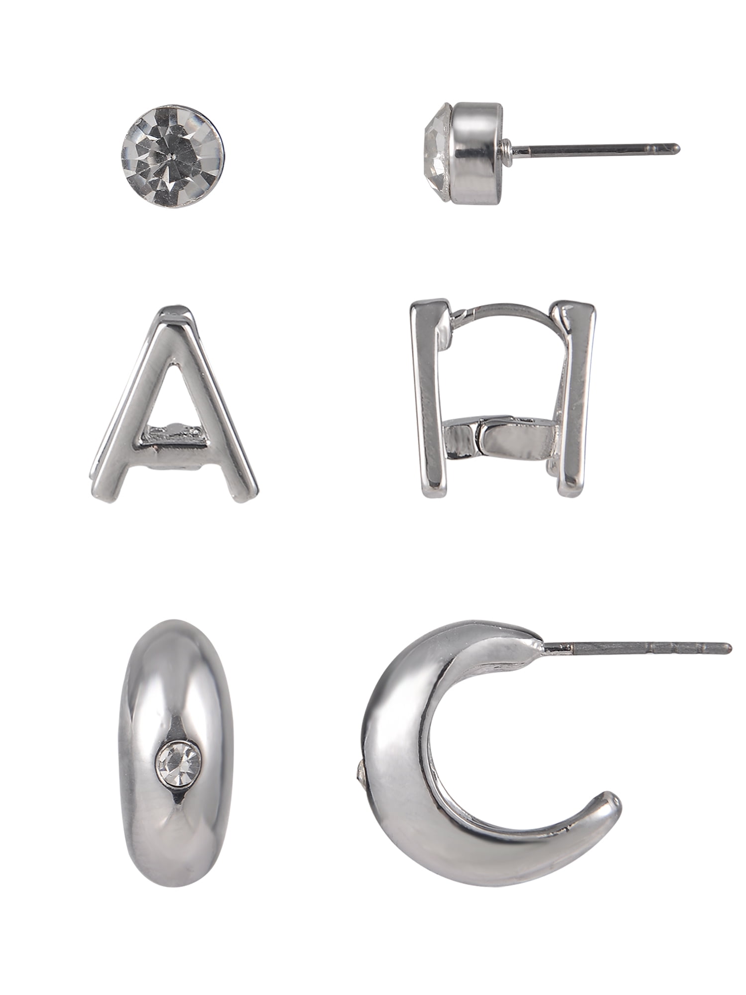 Time and Tru Silvertone 3-On Crystal Stud, Hoop, Initial "A" Earring Set