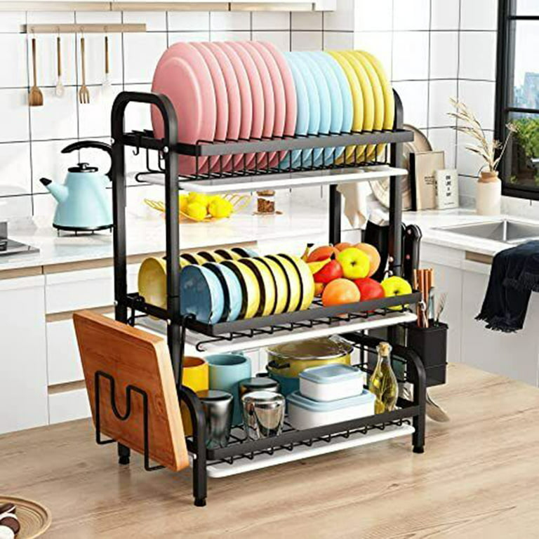 1-3 Tiers Dish Drying Rack Holder Basket Plated Iron Home Washing
