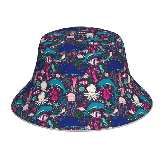 Kll Underwater Animals Bucket Hat for Women Men Packable Travel Beach Sun Hat Outdoor Rave Accessories Reflective Fisherman Cap