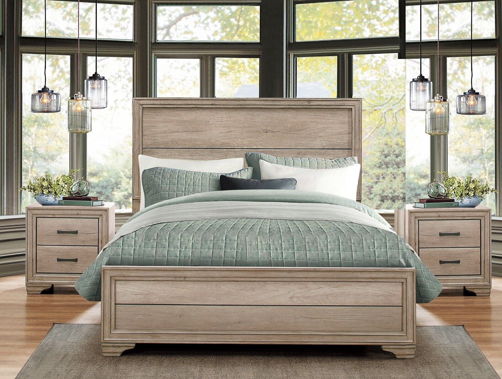 Contemporary 3pc Bedroom Set Queen Size Bed and Two Nightstands Natural ...