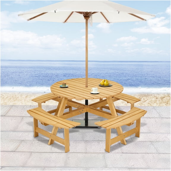 JERFIT 8-Person All-Weather Pine Wood Picnic Table Set with 4 Benches, Center Umbrella Hole for Patio, Garden, Backyard