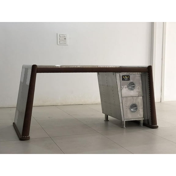 NauticalMart Brancaster Desk, Distress Chocolate Top Grain Leather & Aluminum Table Aviator Furniture Home and Office Decor (72 Inches)