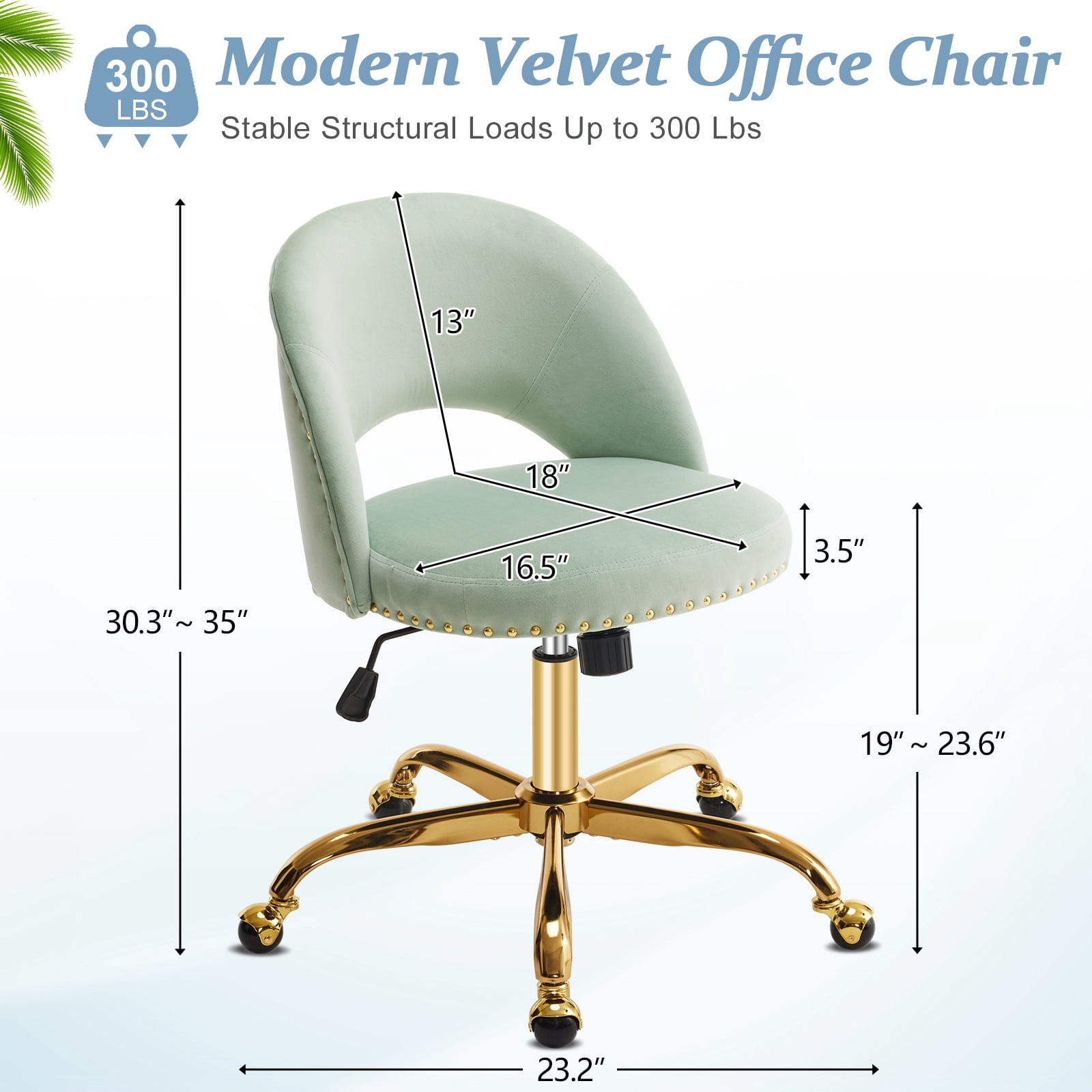 Ktaxon Office Desk Chair Adjustable Flannel Computer Task Chair Small Rolling Vanity Stool with Wheels for Study Make-up Light Green