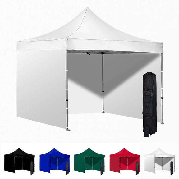 White 10x10 Instant Canopy Tent and 2 Side Walls -Commercial-Grade Aluminum Frame -Water Resistant Canopy Top and Sidewalls -Includes Canopy Bag and Stake Kit (5 Color Options)