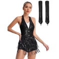 thumbnail image 3 of Xnihocha Women's Latin Rumba Jazz Dance Outfit Sequins Fringe Bodysuit with Gloves Set Black XL, 3 of 5