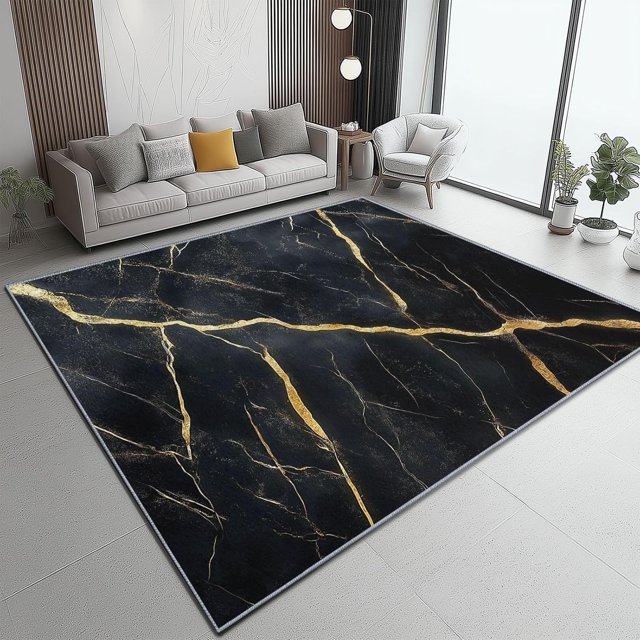 Washable Area Rug 3 X 5 ft, Lightweight Low-Pile Luxury Lines Marble Printed Area Rug, Kitchen Indoor Non Slip Carpet Floral Black Gold Print Mat Living Room Bedroom Dining Room