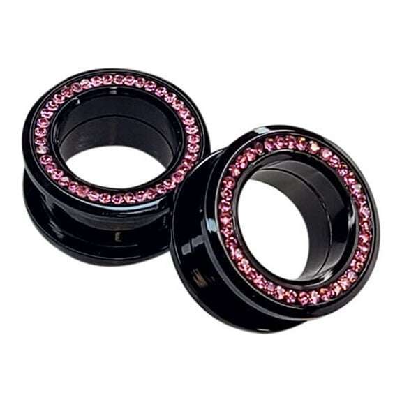 Pair of Screw Fit Black Ion Plated Flare Tunnels with Press Fit Pink CZ Jewels