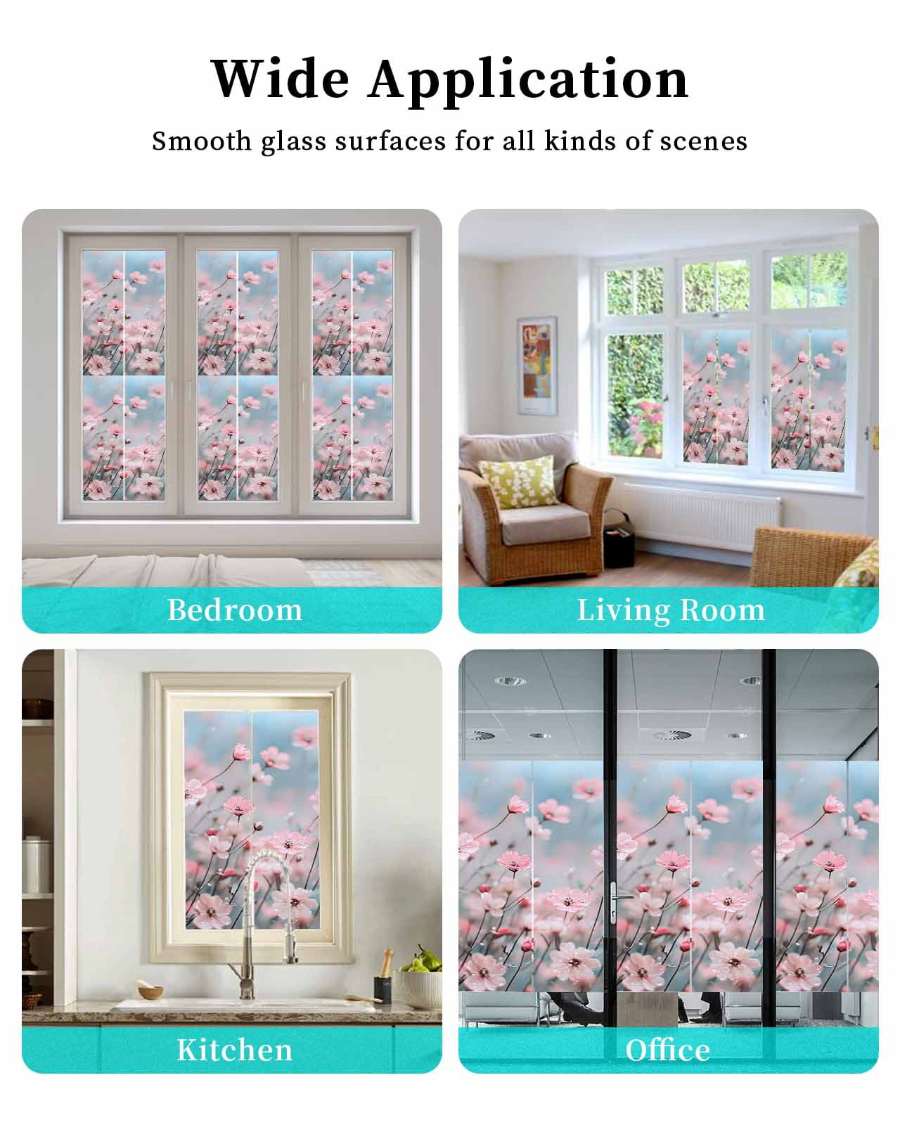 Window Privacy Film Pink Summer Spring Floral Stained Glass Window Film Decorative Sun Block Window Cover Farmhouse Flowers Window Clings Static Adhesive Sticker for Bathroom 35.4"x78.7"
