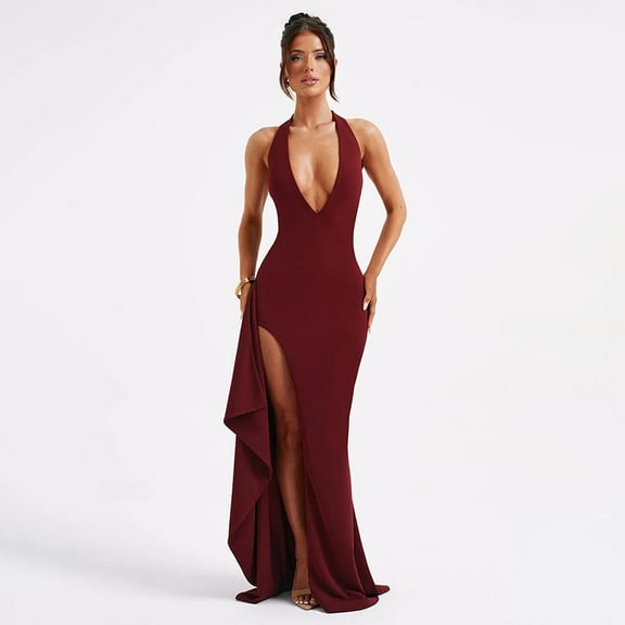 HLSOHJP Halter Deep V Backless Sexy Dress Women Robes Elegant Evening Party Dress Bodycon Maxi Long Summer Dress Vestidos