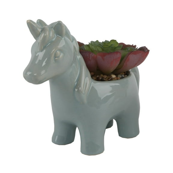 Flora Bunda Artificial Plants in Cute Animal Novelty Planter Set of 2 Teal Blue Artificial Succulent in Ceramic Unicorn Planter 5", Size: 5.75" x 3.75" x 4.75‚Äù