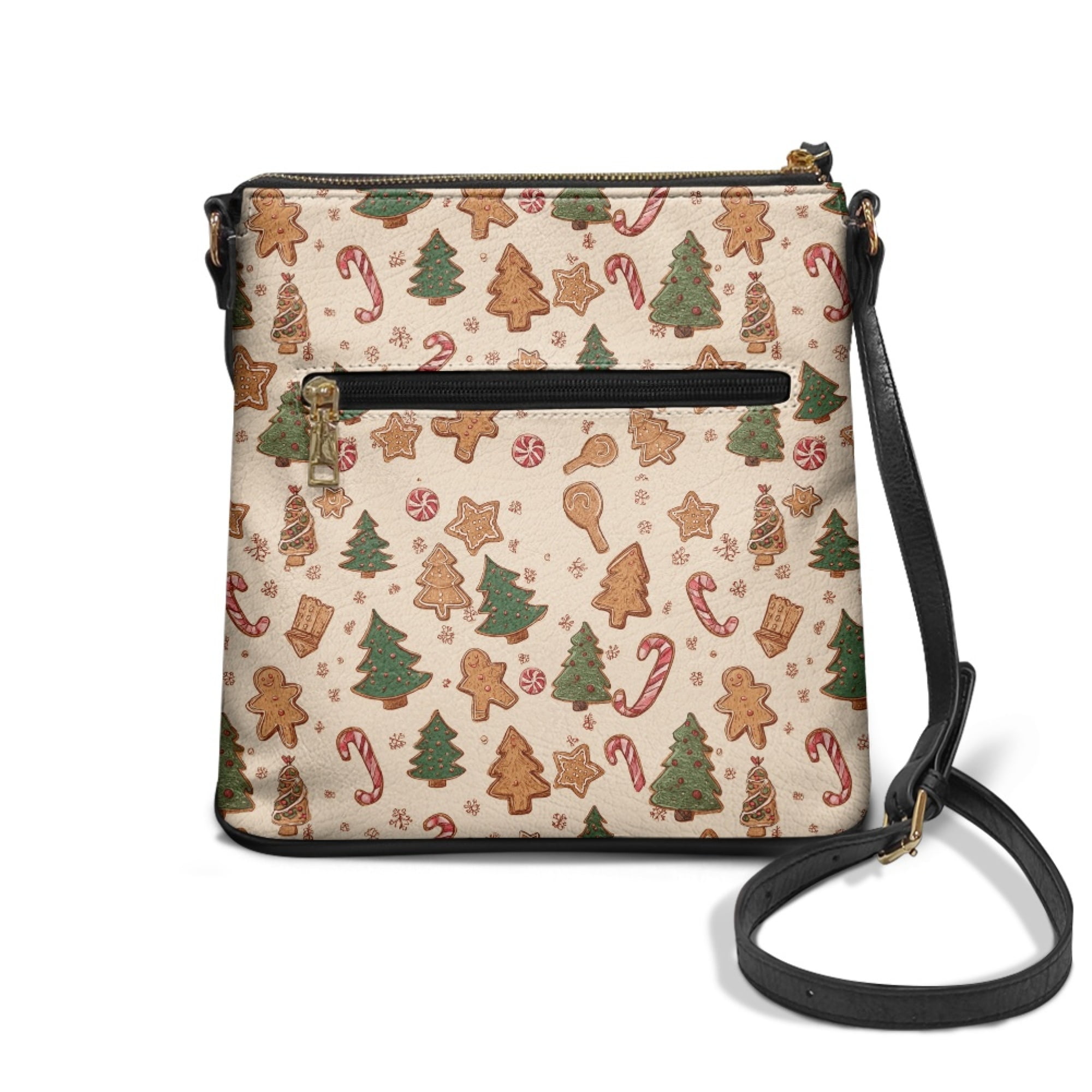 Kuiaobaty Christmas Tree Print Leather Crossbody for Women, Gingerbread Man Print Shoulder Handbag with Adjustable Strap, Lightweight Travel Hobo Purse for Christmas 2025, Beige