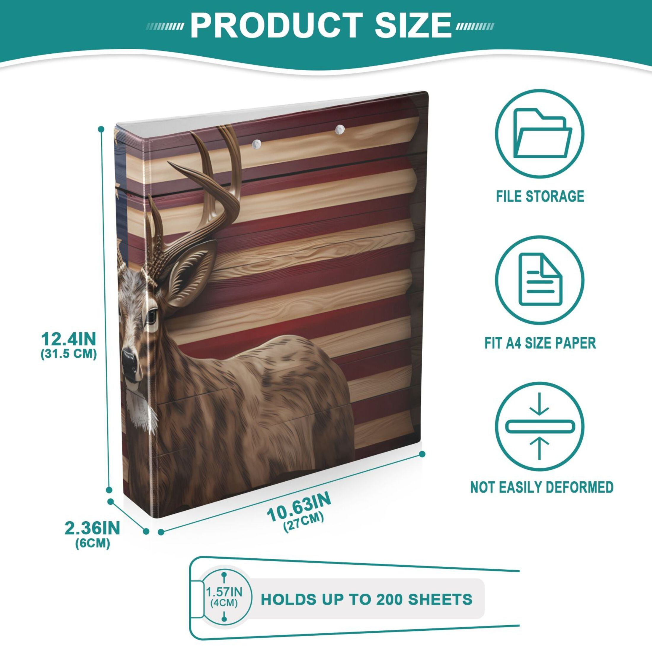 American Flag Deer 3 Ring Binders 1.5 inch Hardcover File Folders with Interior Pockets A4 Size Organizer for School Office Hospital