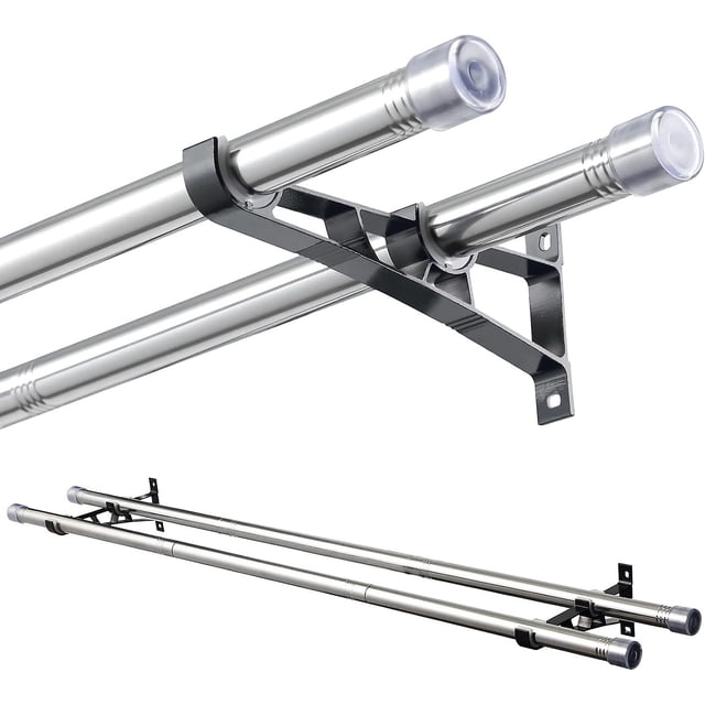 Double Curtain Rod with Cap Finials 76-112 cm, Curtain Pole with Brackets Fittings Set Window Poles for Living Room&Outdoor
