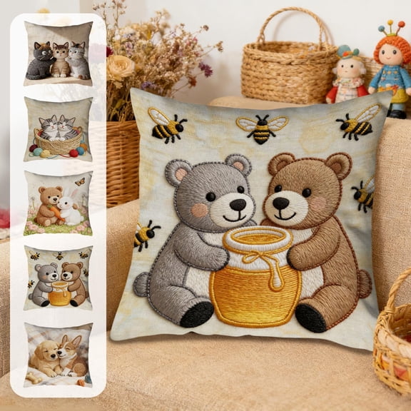 Fwttom 18x18 Pillow Covers, Imitation Embroidery Pillow Cases, Simulated Cute Pet Animals Printed Throw Pillow Covers 18x18 for Holiday Sofa Cushion Cover, Multicolor