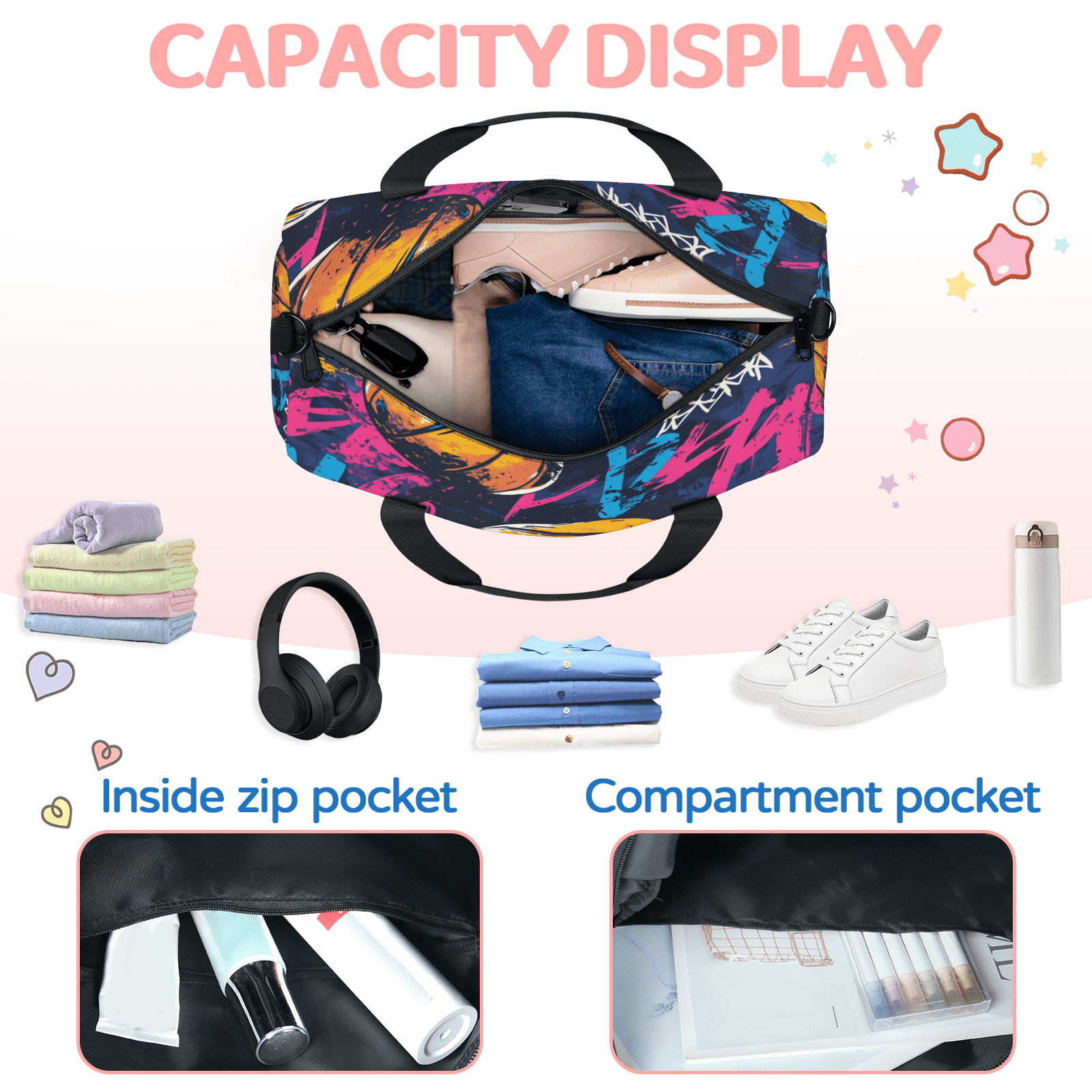 Herdesigns Basketball Sports Gym Bag for Women, Duffle Bag for Travel Sport, Lightweight Waterproof Carry on Weekender Dance Yoga Workout Bags