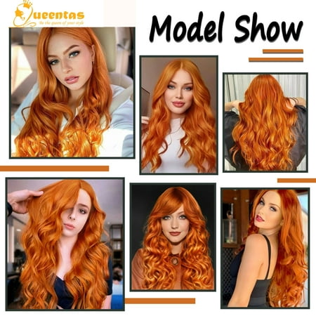 QUEENTAS 24" Ginger Long Wigs Water Wave Wigs Synthetic Deep Wavy Wig with Bangs Layered Curly Wig
