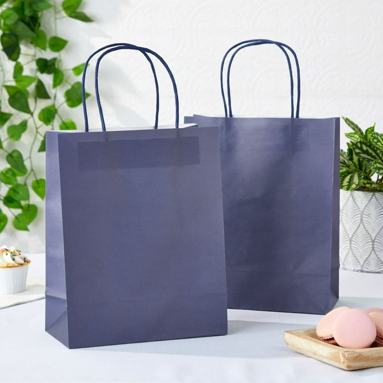 25 Pack Medium Navy Blue Gift Bags with Handles Bulk Set for Birthday Party Favors 8x10x4 In
