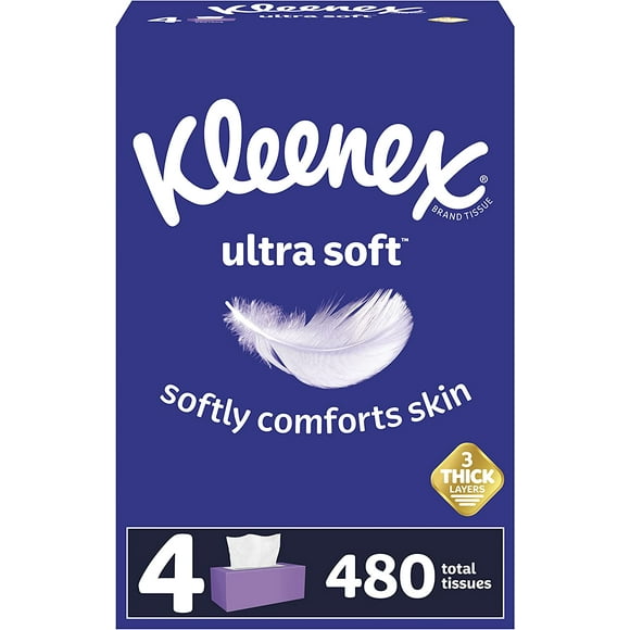 Kleenex Ultra Doux pour le Visage, 3 Plis, Hypoallergénique, 4 Boîtes Plates, 120 Tissus par Boîte (480 Tissus au Total), Blanc (54316)