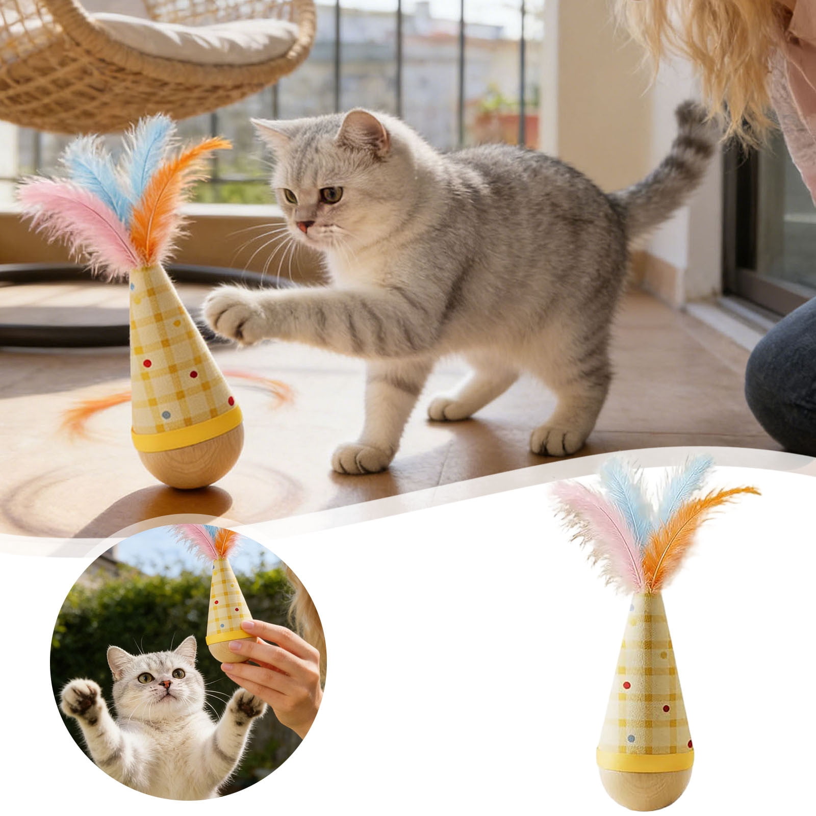 Wooden Interactive Cat Toy Tumbler Wobble Toy for Indoor Cats, Self Righting Chaser with Orange Feather, Wood Interactive Play for Boredom Relief and Exercise