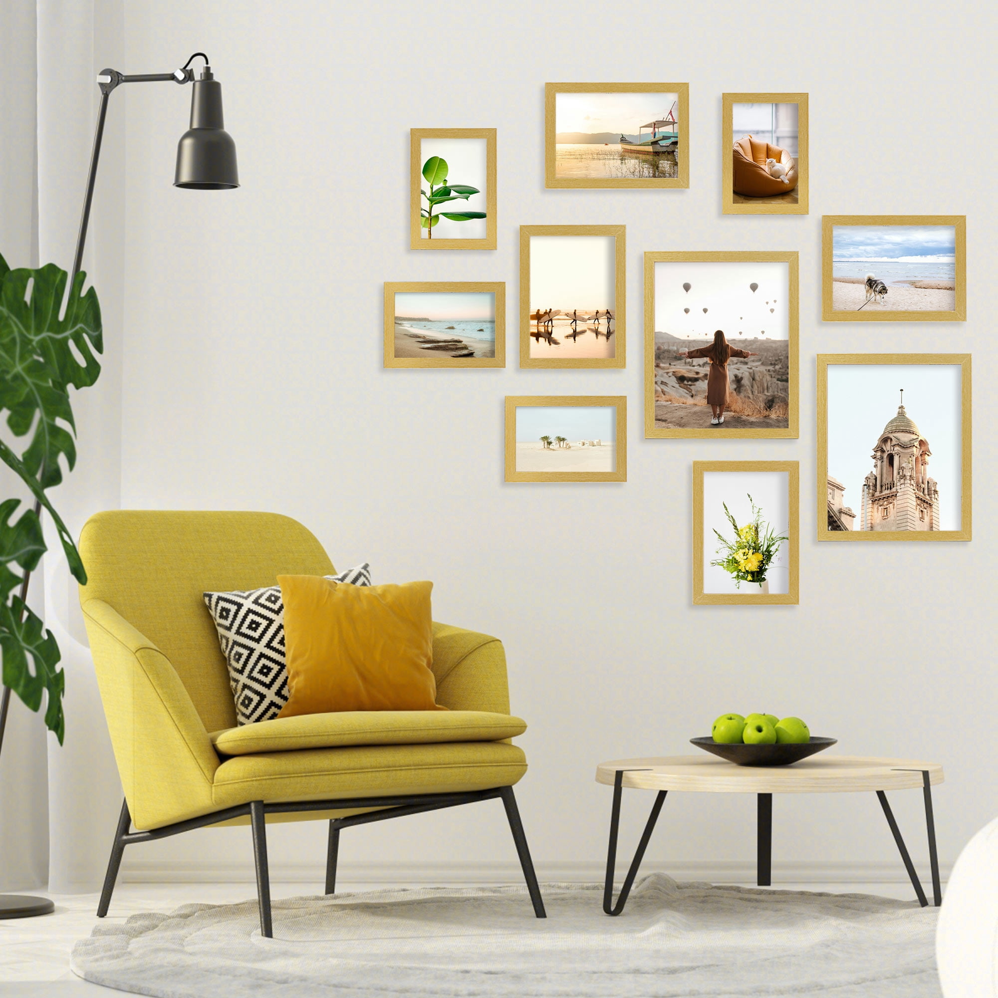 Meframe 10 PACK Wooden Collage Picture Frame Set, Wall or Tabletop Display Photo Frames, Multiple Sizes Including 8x10, 5x7, 4x6, Gold