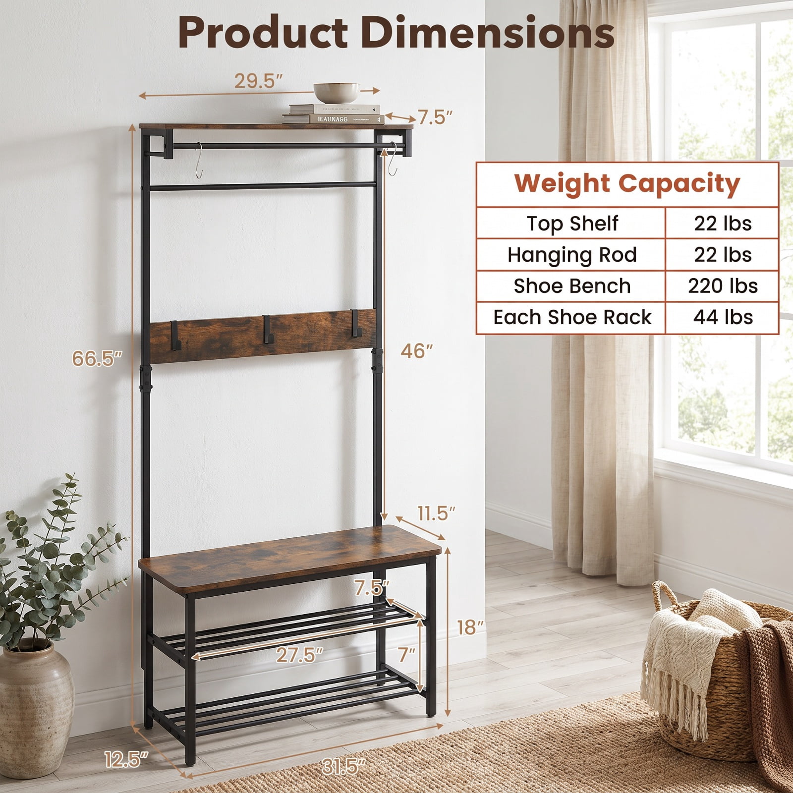 Furnibear 4 in 1 Hall Tree Coat Rack with Shoe Bench and Removable Hooks and Hanging Rod for Entryway and Bedroom, Rustic Brown