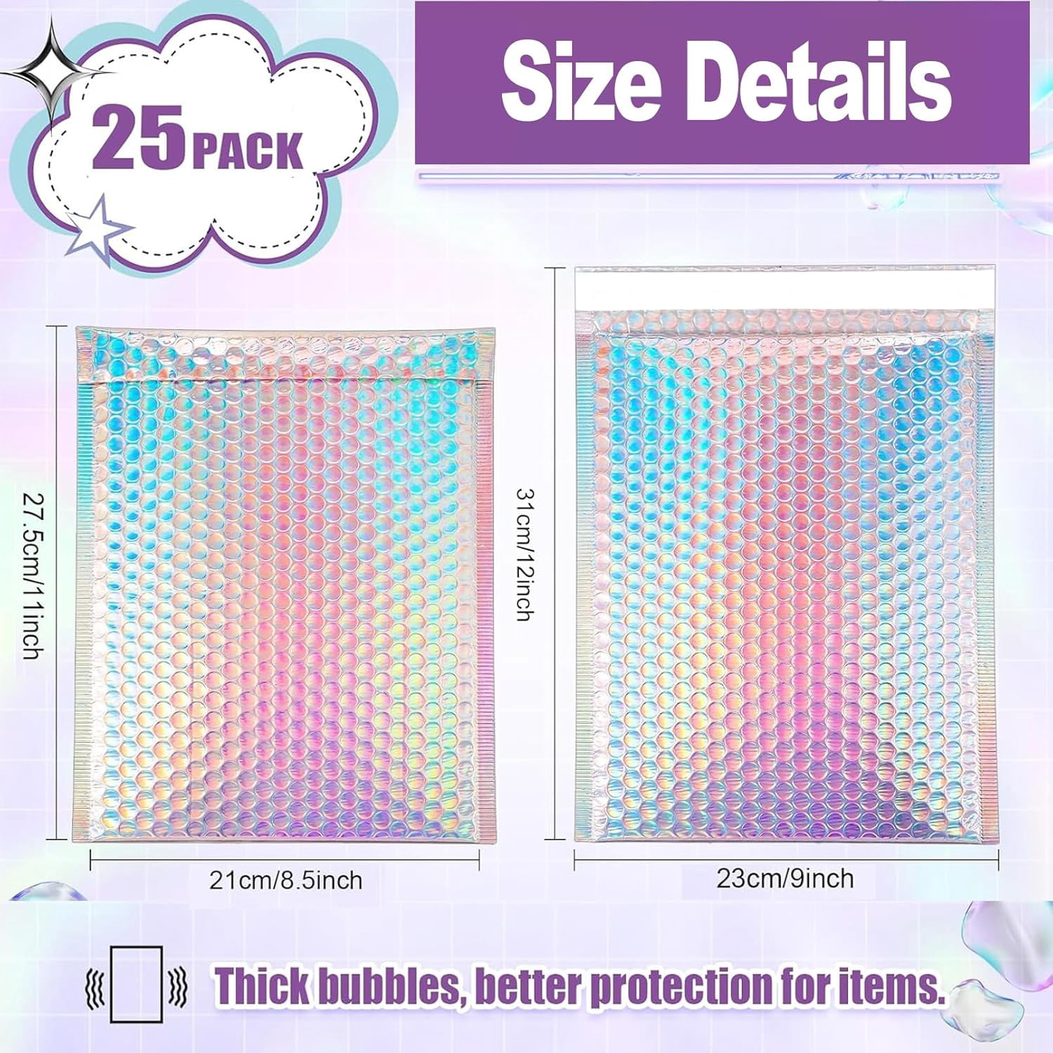 25 Pcs Metallic Bubble Mailers,8.5x12 Inch Holographic Bubble Mailers,Self Seal Waterproof Shipping Bags,Poly Padded Envelopes for Mailing Packaging Small Business
