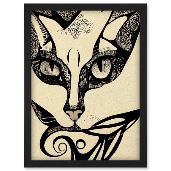 Abstract Boho Portrait Cat Sketch Cat Tribal Intricate Artwork Framed Wall Art Print A4