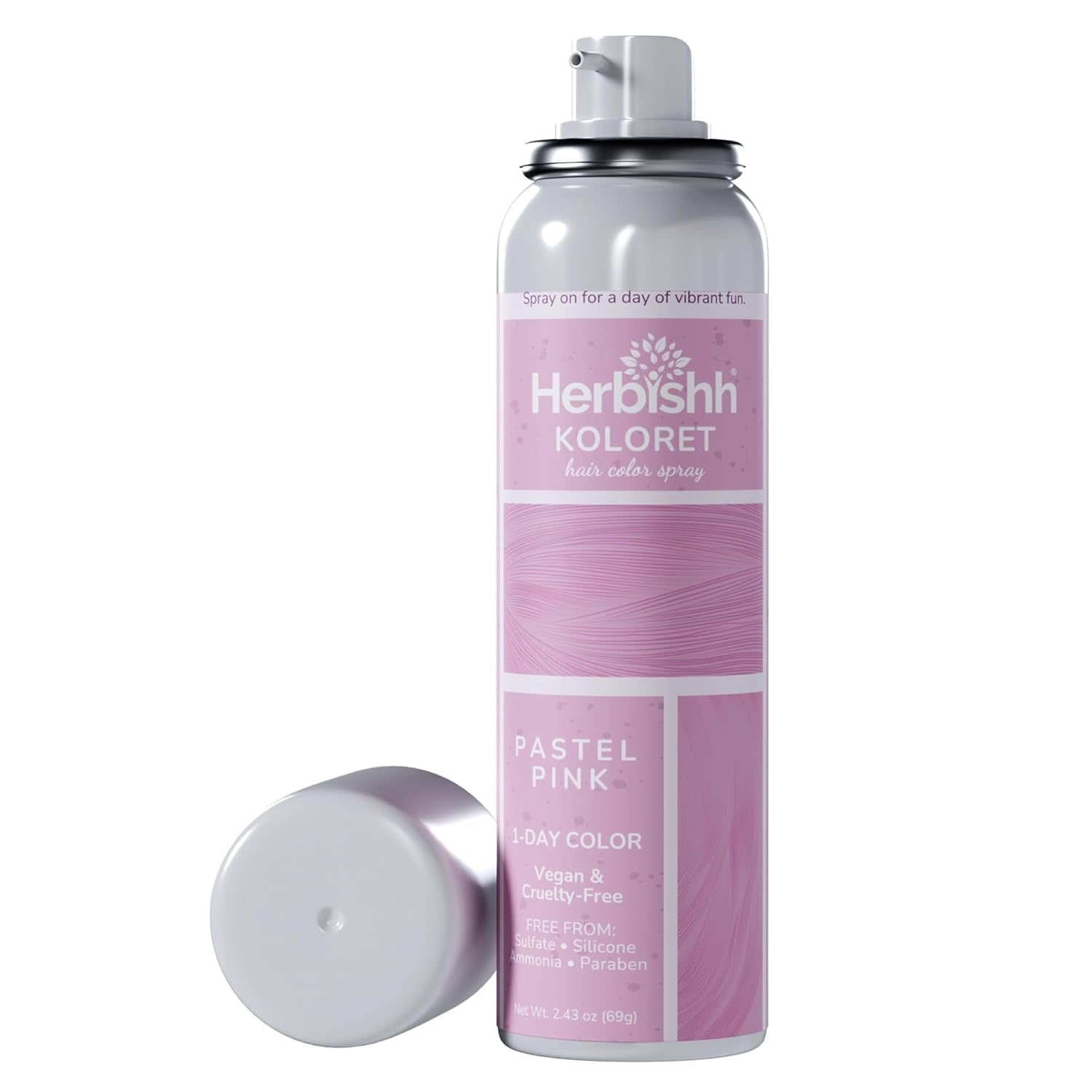 (2 pack) Herbishh Koloret Pastel Pink Hair Tint Spray (69g), Washable Temporary Color Mist for Light Hair, Quick-Dry, Non-Sticky Spray for Women, Travel-Friendly Root Touch Up