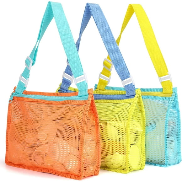 Beach Toy Mesh Beach Bag Kids Shell Collecting Bag Beach Sand Toy Seashell Bag Swimming Accessories for Boys and Girls(Only Bags,A Set of 3)